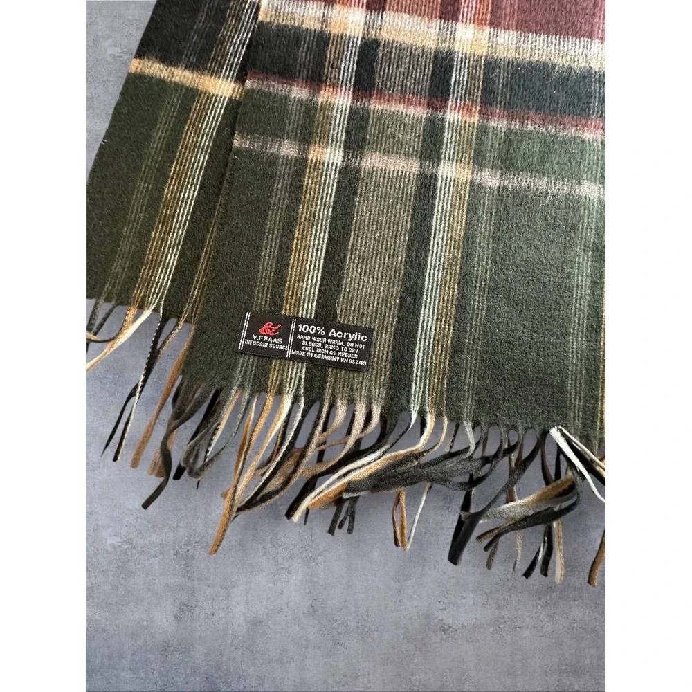 V. Fraas Plaid Fall Scarf Unisex 57x11 Black/Tan/Burgundy Germany Made Fringed